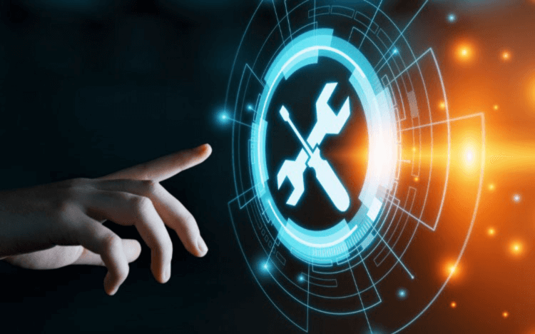 Hand interacting with digital touchscreen interface displaying wrench icon with circuit board design, symbolizing automated security testing and vulnerability correlation