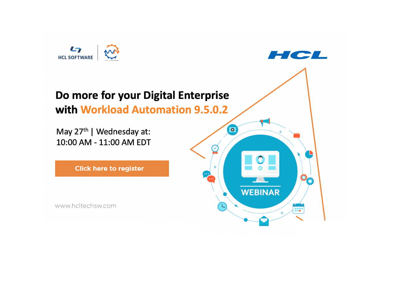 Interactive webinar registration banner promoting HCL Workload Automation version 9.5.0.2 product event and demo