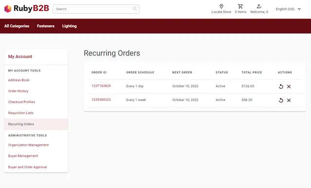 Recurring orders dashboard in RubyB2B showing active scheduled orders with frequency and total price