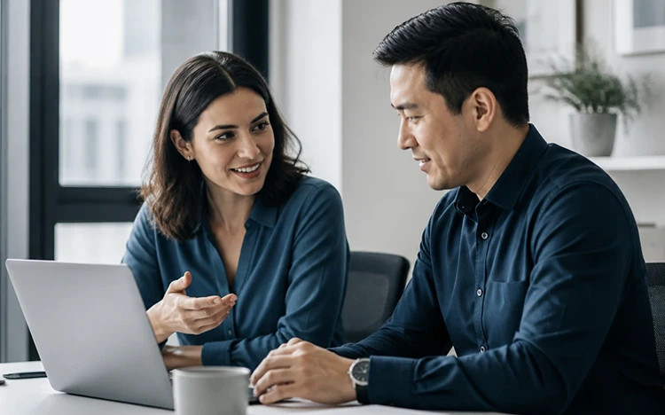 Two professionals discussing composable vs headless commerce strategies for enterprise ecommerce