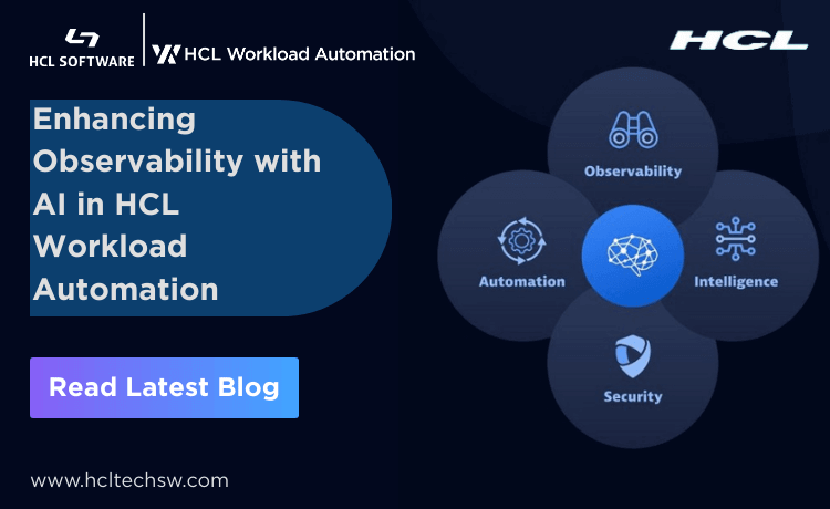 HCL Workload Automation AI observability infographic diagram with icons showing monitoring and analytics features