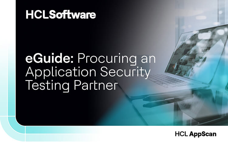 HCL AppScan eGuide promotional banner about procuring an application security testing partner with laptop imagery