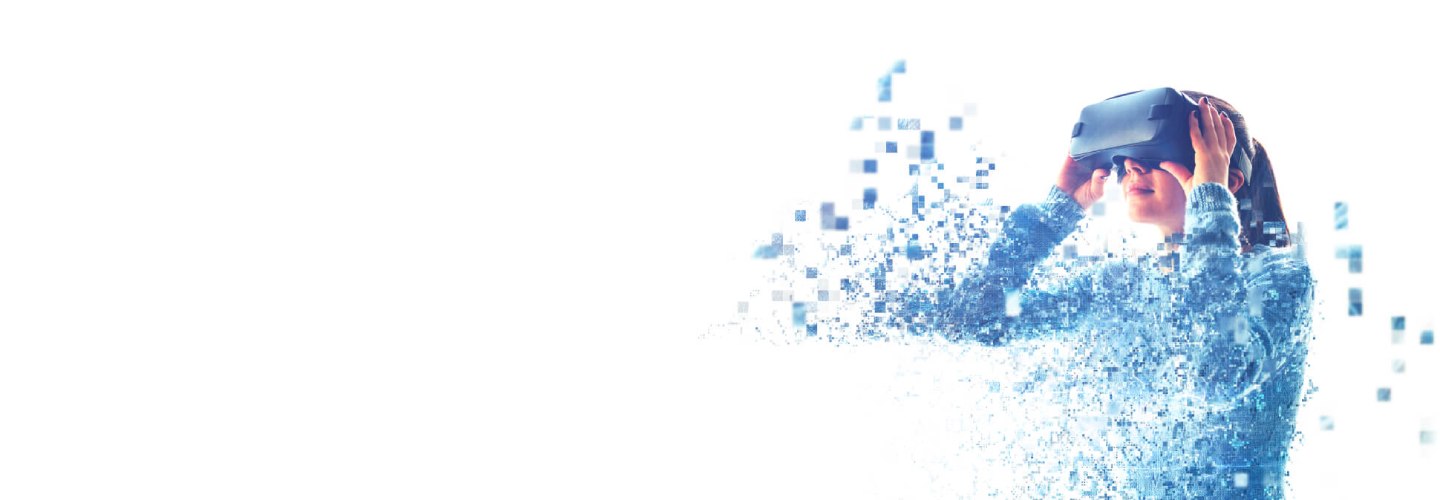 Professional woman using VR headset displaying HCL Workload Automation with blue digital pixel visual effect