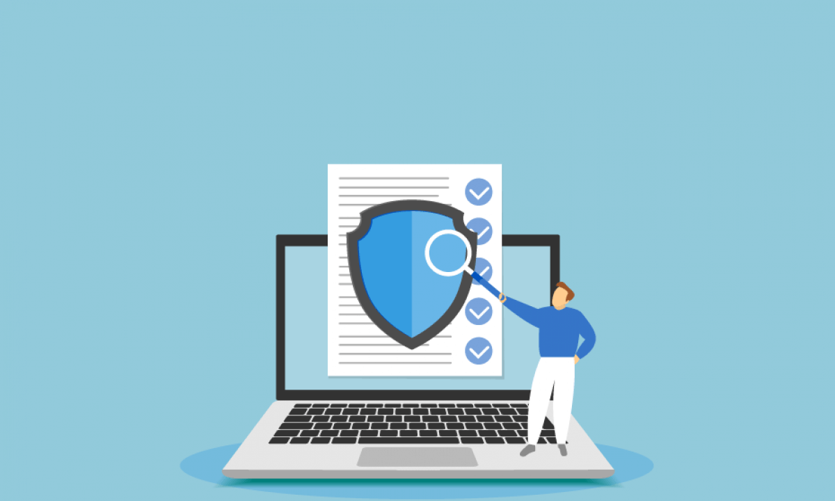 Illustration of person analyzing security shield assessment on laptop with checkmark icons on blue background